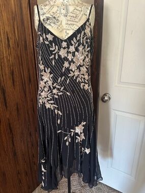 Embellished Black Midi Slip Dress with Blush Floral Appliqué